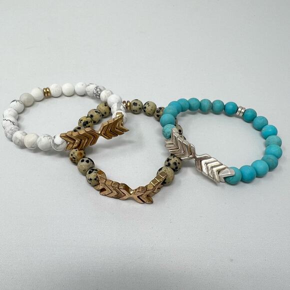 Natural Semi Precious Stone Chevron Pendant Stretch Set Of 3 Bracelet Jewelry - Picture 1 of 7